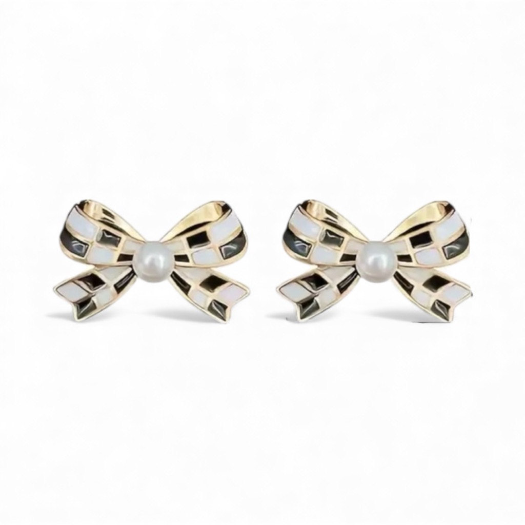Black White Checkered Bow Stud Earrings 18$